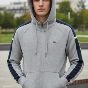 Buzo con capucha Lacoste azul y gris hombre con cremallera.