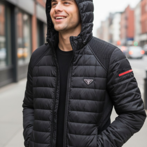 Chaqueta acolchada negra con capucha estilo Prada