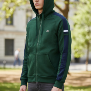 Buzo Lacoste verde con capucha y cremallera hombre.