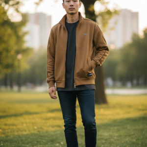 Chaqueta bordada beige con cierre estilo urbano