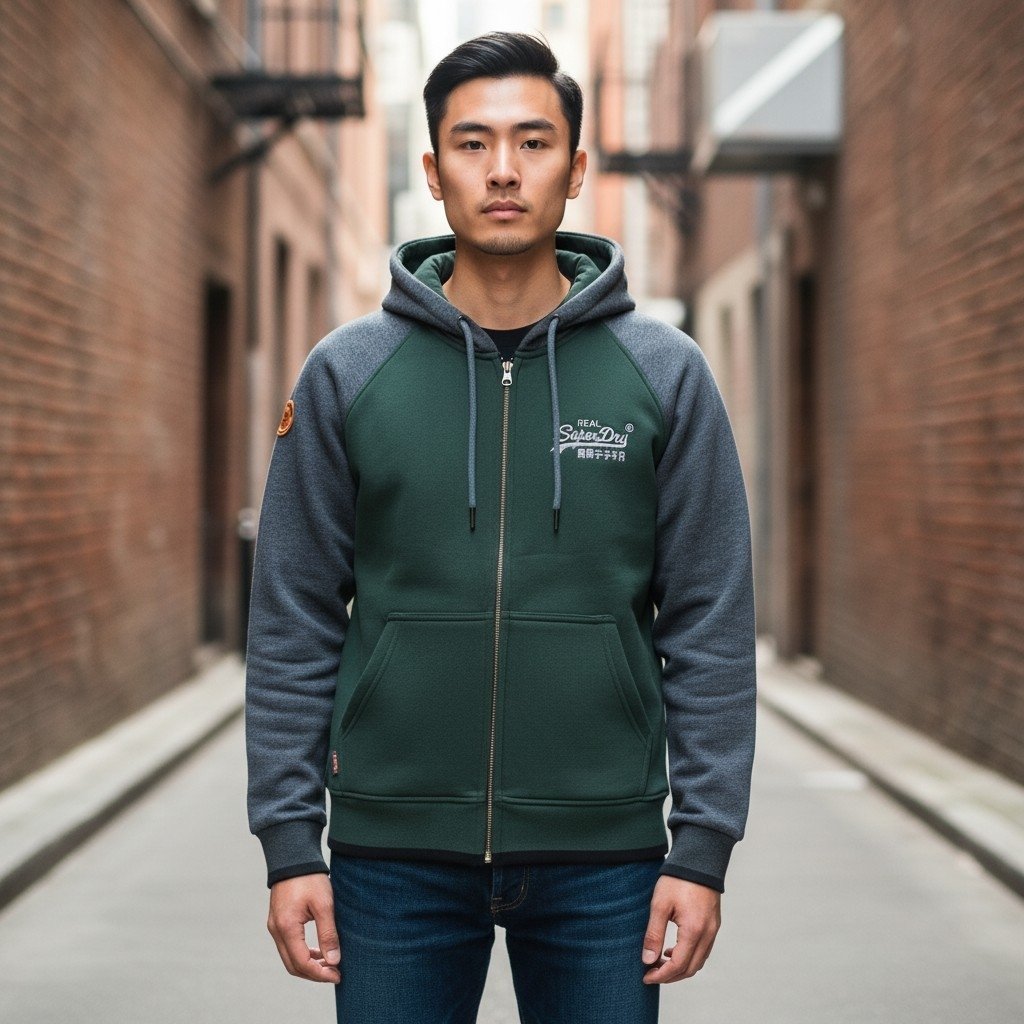 Buzo hoodie Superdry con cremallera verde y gris